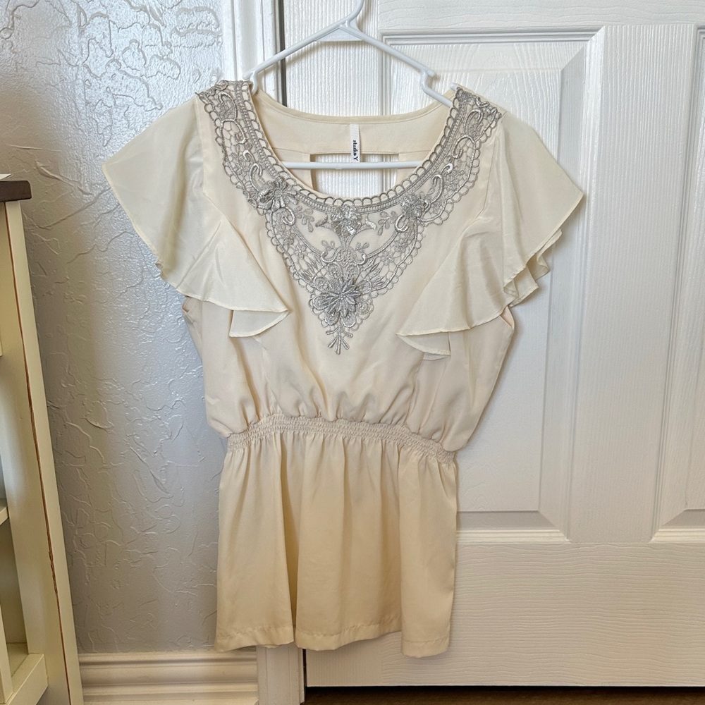 Studio Y Cream Blouse with Gray Lace Accent